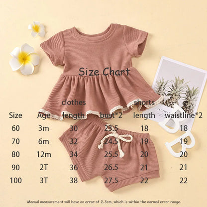 Summer Newborn Baby Girl Set Cotton linen Solid O-neck Short Sleeve Ruffles T-shirt Shorts Suit Infant Clothes Outfit