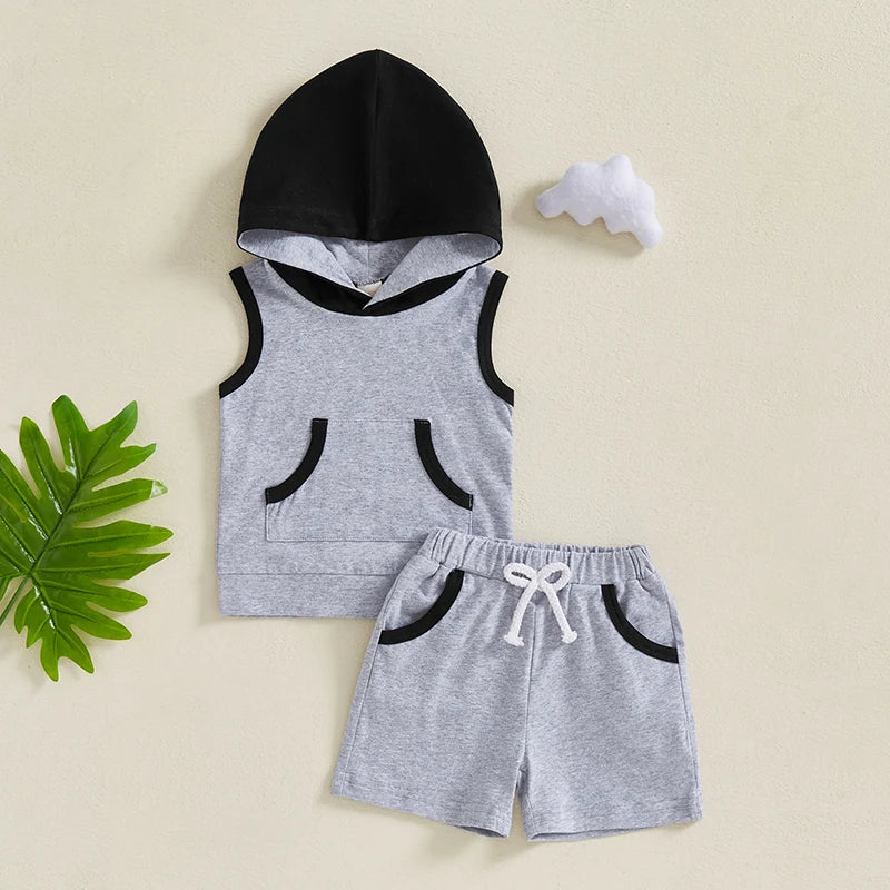 Baby Boy Shorts Set Contrast Color Sleeveless Hooded Tank Tops Elastic Waist Shorts