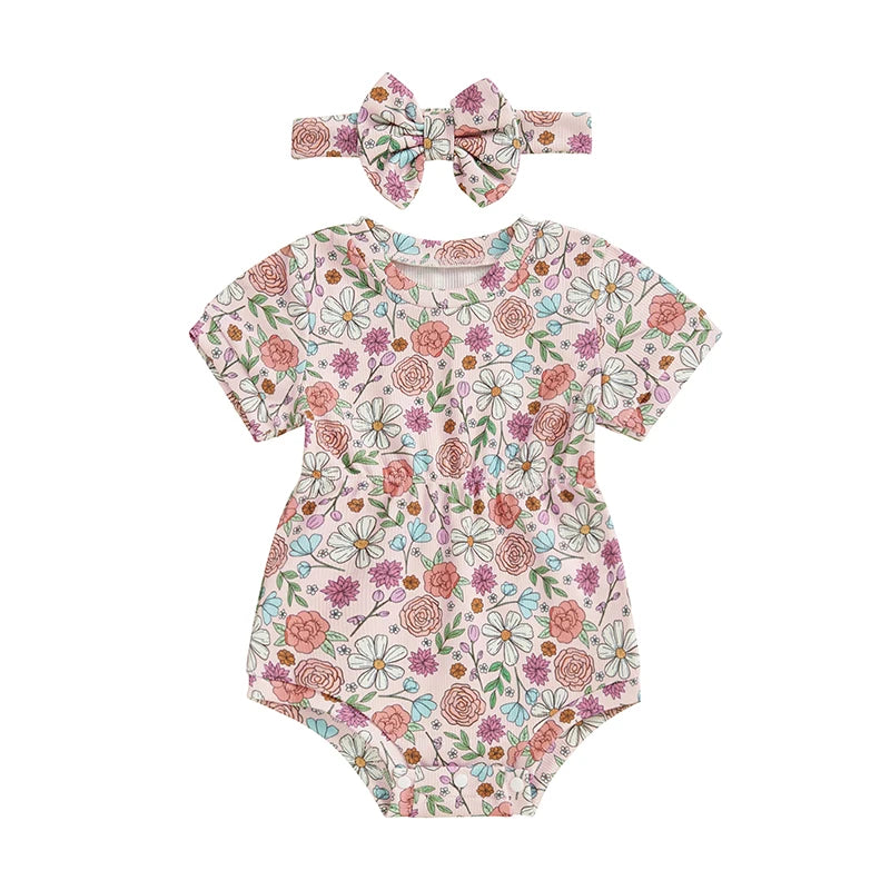 Ribbed Romper Floral/Bow/Strawberry Short Sleeve Bodysuit with Bow Headband