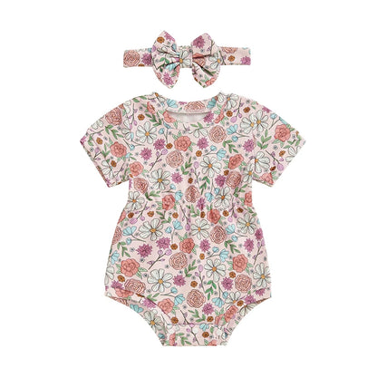 Ribbed Romper Floral/Bow/Strawberry Short Sleeve Bodysuit with Bow Headband
