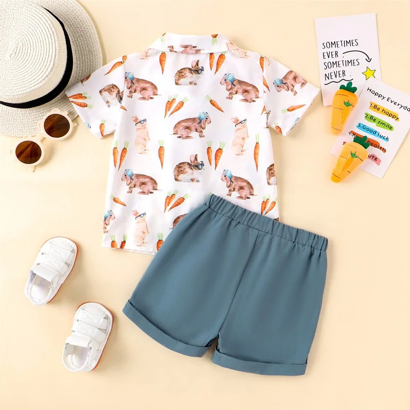 Button Down Short Sleeve Shirt Elastic Waist Shorts Set