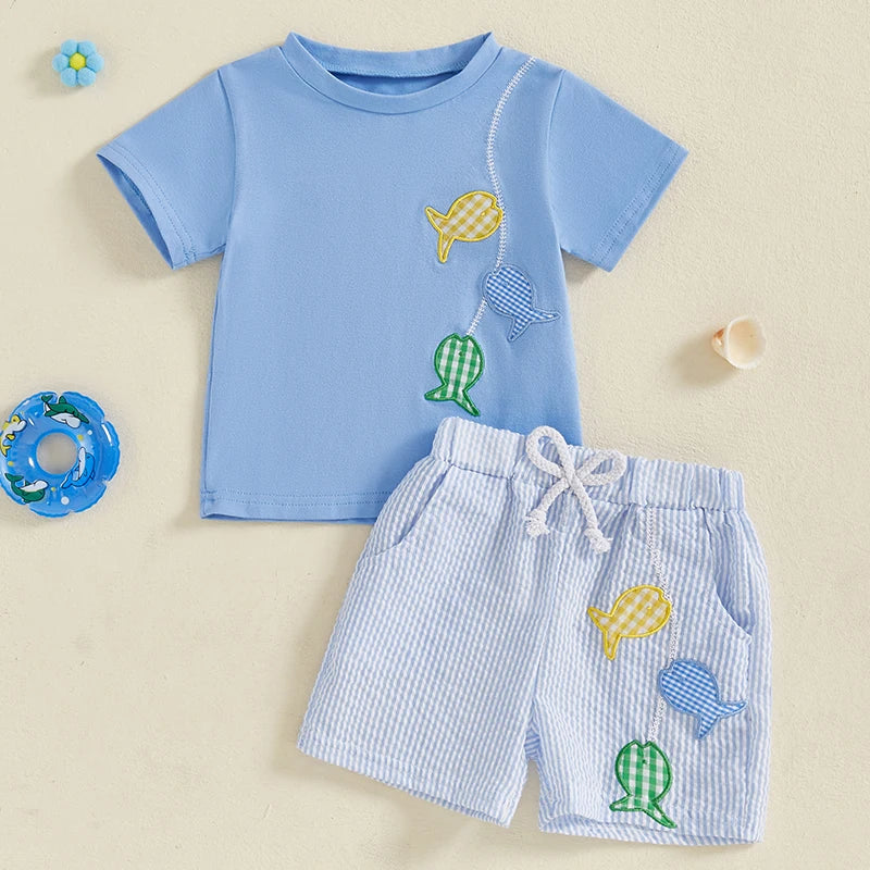 Boys Summer Outfits Fish Embroidery Short Sleeve T-Shirts Elastic Waist Shorts 2Pcs