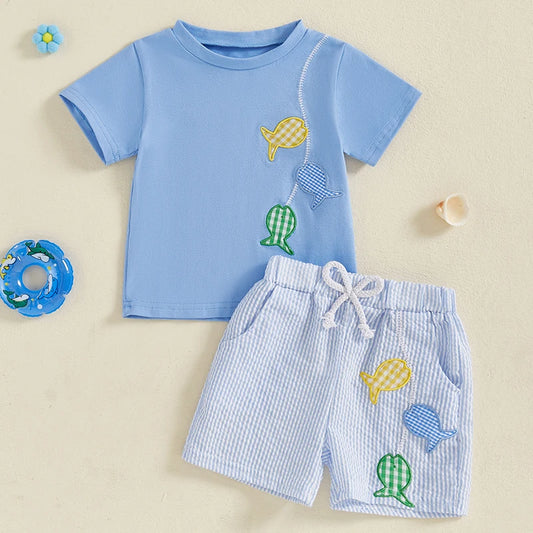 Boys Summer Outfits Fish Embroidery Short Sleeve T-Shirts Elastic Waist Shorts 2Pcs