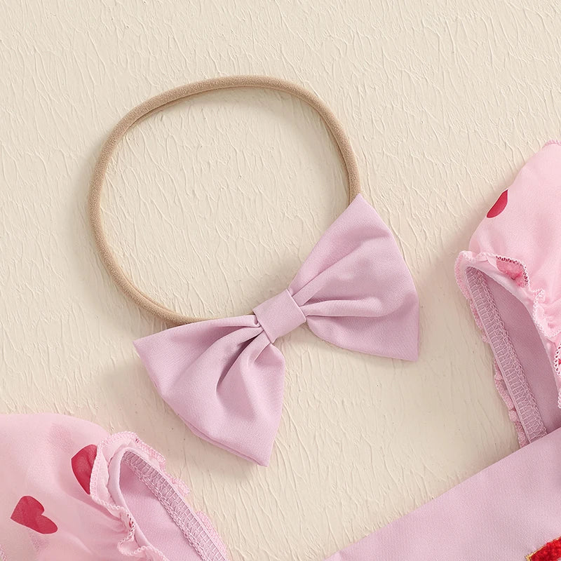 Heart Letter Embroidery Fly Sleeve Skirt  Bodysuits with Headband