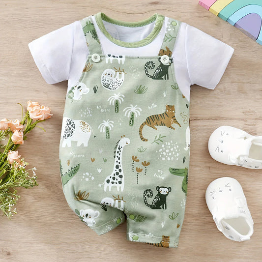 Animal Print Romper Newborn Baby Faux Two-Piece Bodysuit with Short Sleeves