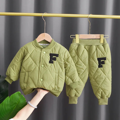 Kids Designer Luxury Clothes Winter 2023 Fashion Thickened Boys Letter Cotton Coats + Pants Suit Set Children's Christmas Outfit