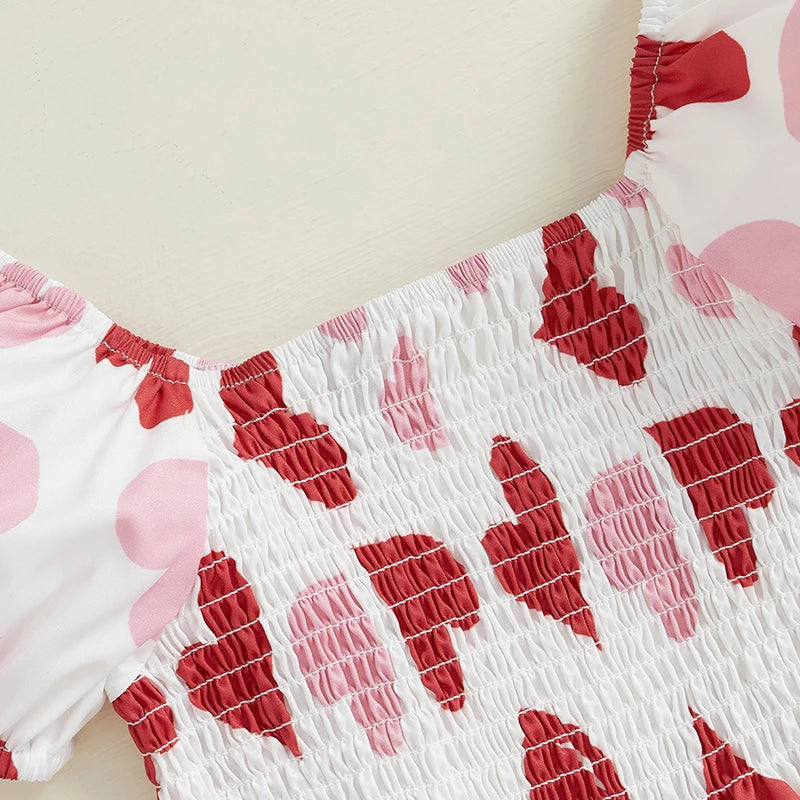 Heart Print Square Neck Short Sleeve Ruffled valentines Dresses
