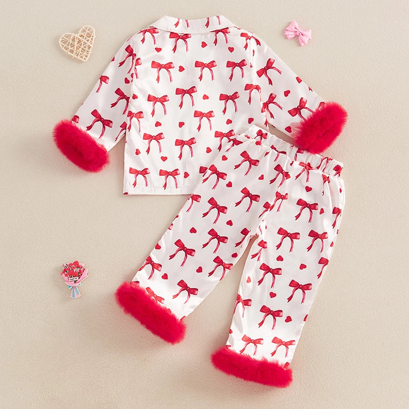 Valentine Pajamas Sets Bow Print Plush Long Sleeve Tops With Pants