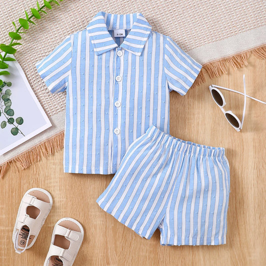 Baby boy Summer Set Blue and White Striped Shirt and shorts two Piece Set for 0-24 Month Male Baby Handsome and Casual Set