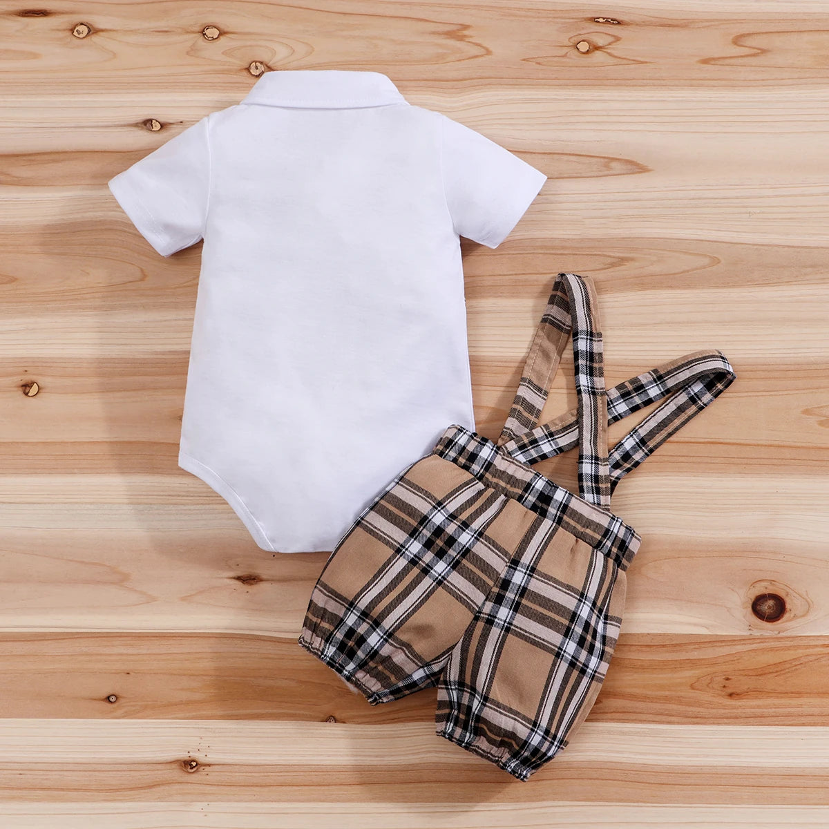 Short Sleeve Plaid Bear Bodysuit+Suspenders Trousers Set