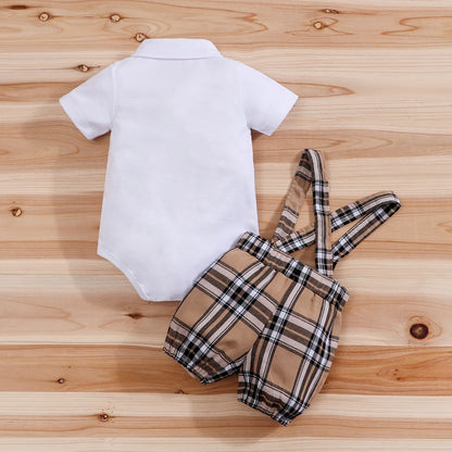 Short Sleeve Plaid Bear Bodysuit+Suspenders Trousers Set