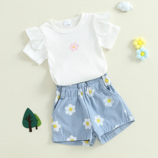 1-4Y Baby Girl Summer Outfits Ruffle Short Sleeve Floral Print Ribbed t Shirt Tops Shorts Set Toddler Baby Clothing 2Pcs