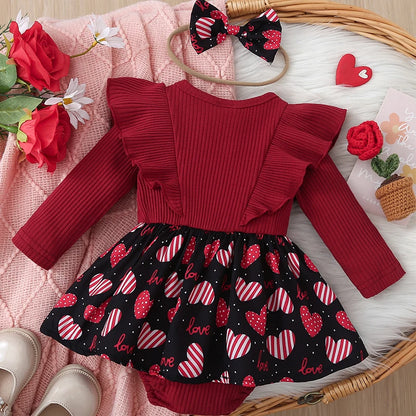 Newborn Baby Girl Valentines Day Outfits Long Sleeve Decor Ruffle Bow Knot Heart Dress