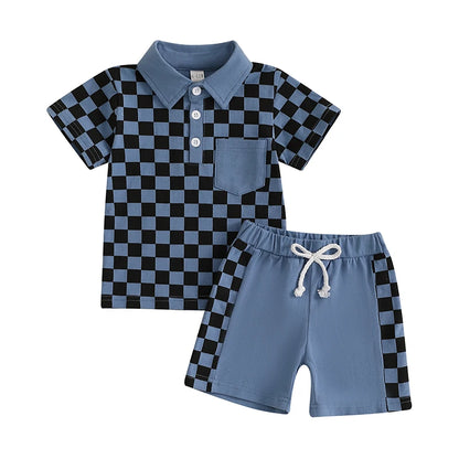 Short Sleeve Lapel Checkerboard Print Tops and Drawstring Shorts Sets