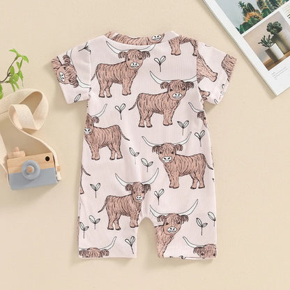 Short Sleeve Crew Neck Cow Head Print Romper