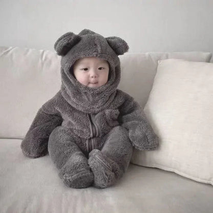 Korean Style New Winter Clothes Baby Boy Girl Romper Grey Green Purple Pink Yellow Beige Long Sleeves Jumpsuit+Cap E2292