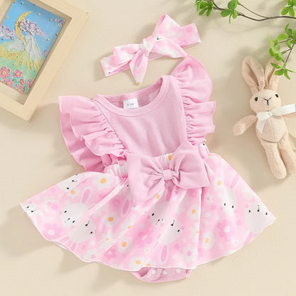 Ruffle Bunny Floral Romper Dress with Headband