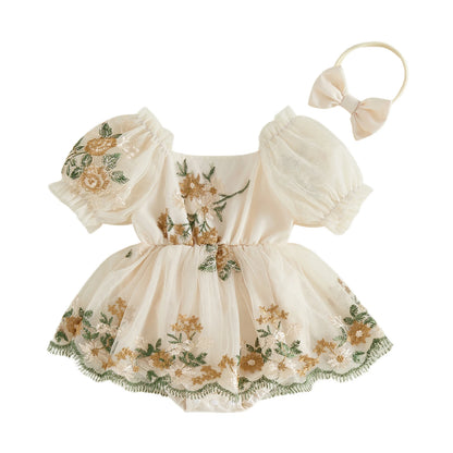 Baby Girl Summer Outfits Flower Embroidered Mesh Short Sleeve Romper Dress and Bow Headband 2 Pcs Set 0-24M