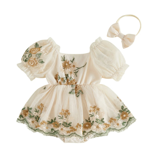 Baby Girl Summer Outfit Flower Embroidered Mesh Short Sleeve Dress and Bow Headband 2 Pcs Set
