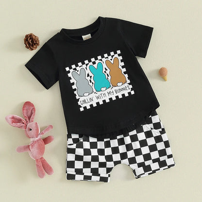 Bunny Print Short Sleeve T-Shirt with Checkerboard Print Shorts