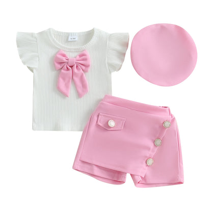 Baby Girl 3Pcs Summer Outfits Ruffle Sleeve Bow Tops + Shorts + Hat Set Toddler Clothes