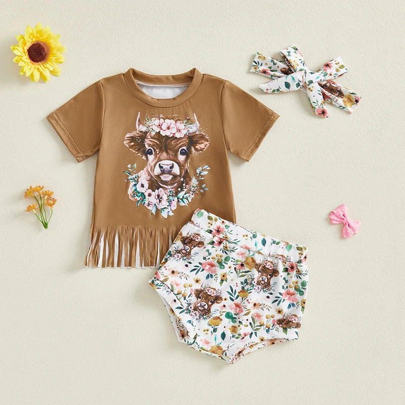 Girl Western Outfit Cow/Boot Short Sleeve Tassel T-shirt Elastic Waist Shorts Tie-up Headband Set