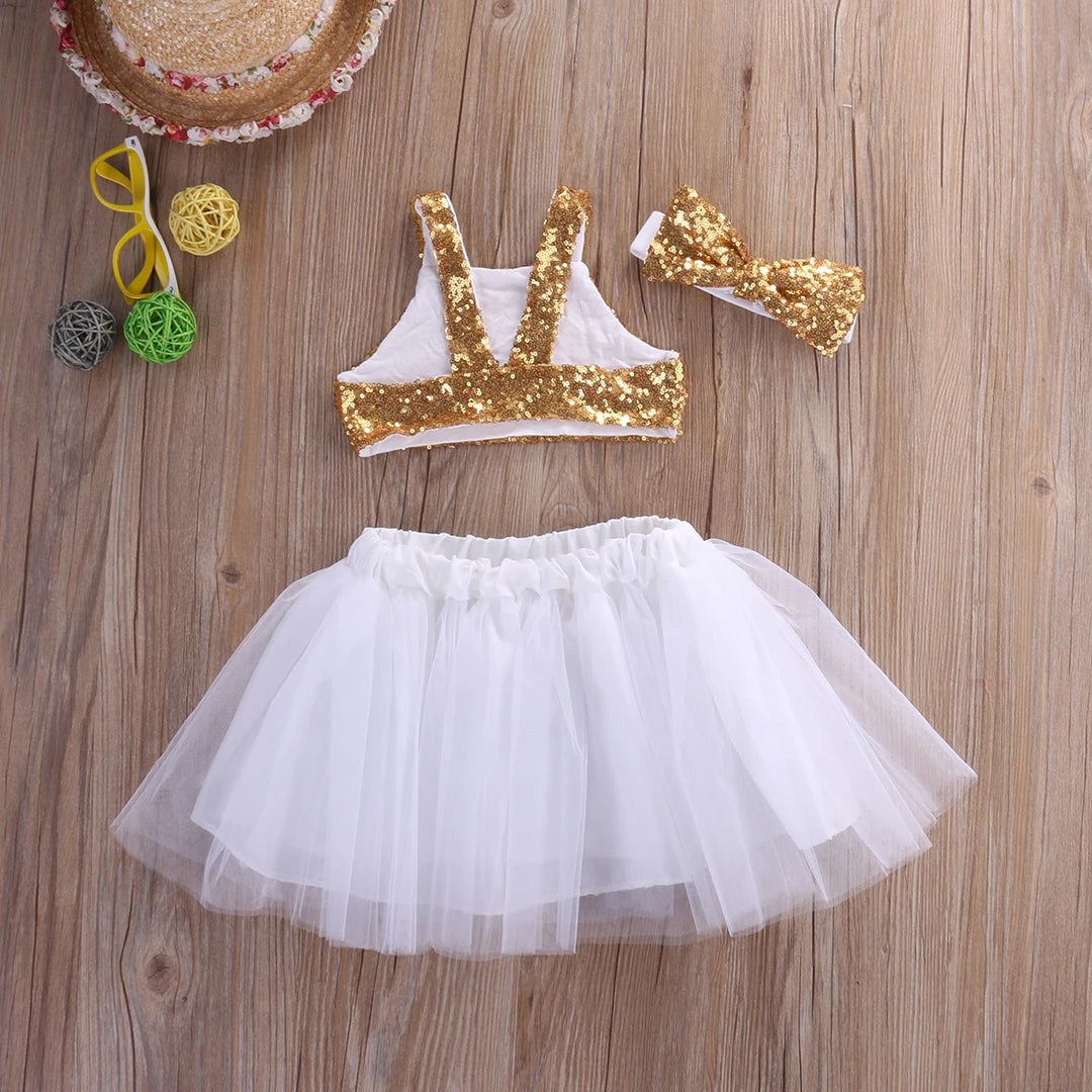 Princess Sequin Crop Tops+Tulle Dress Skirts Headband 3Pcs