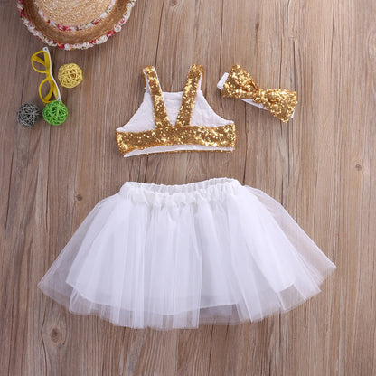 Princess Sequin Crop Tops+Tulle Dress Skirts Headband 3Pcs