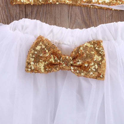 Princess Sequin Crop Tops+Tulle Dress Skirts Headband 3Pcs