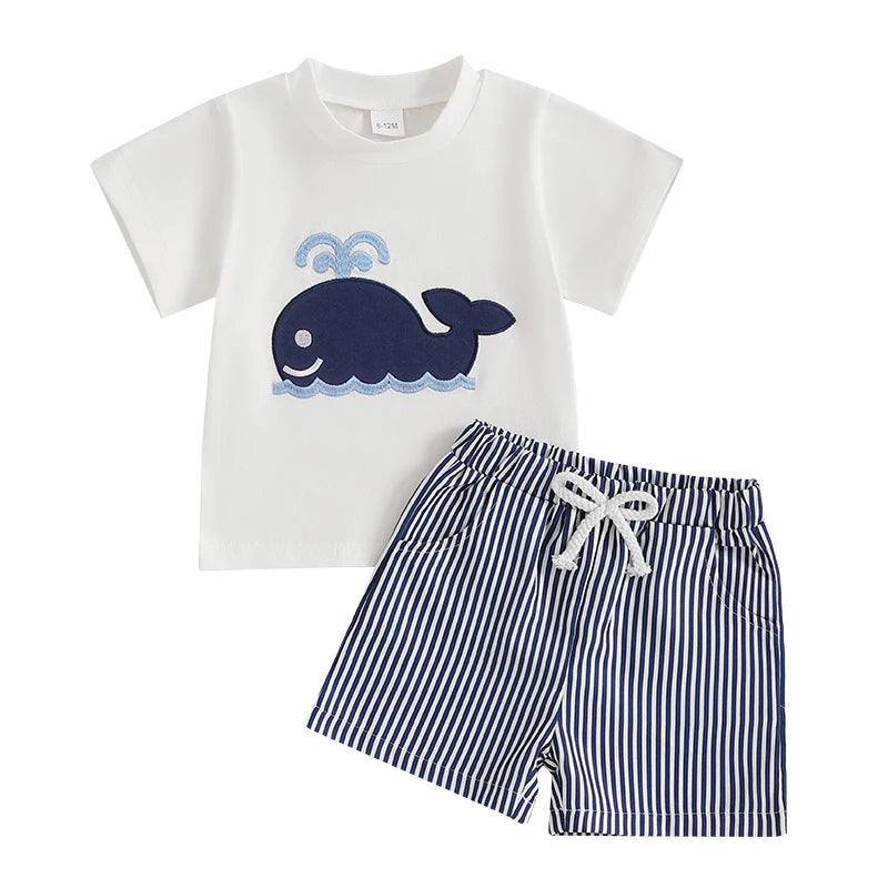 Whale/Dinosaur/Turtle Short Sleeve T-shirts  and Striped Elastic Waist Shorts