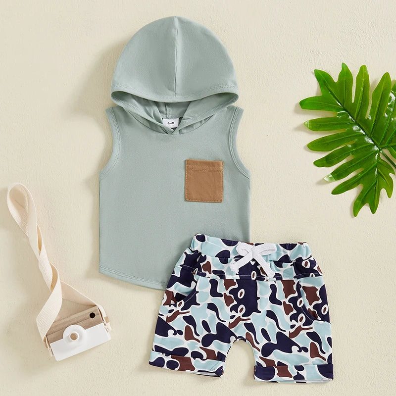 Pocket Hooded Sleeveless Tank Tops + Camouflage Elastic Waist Shorts set