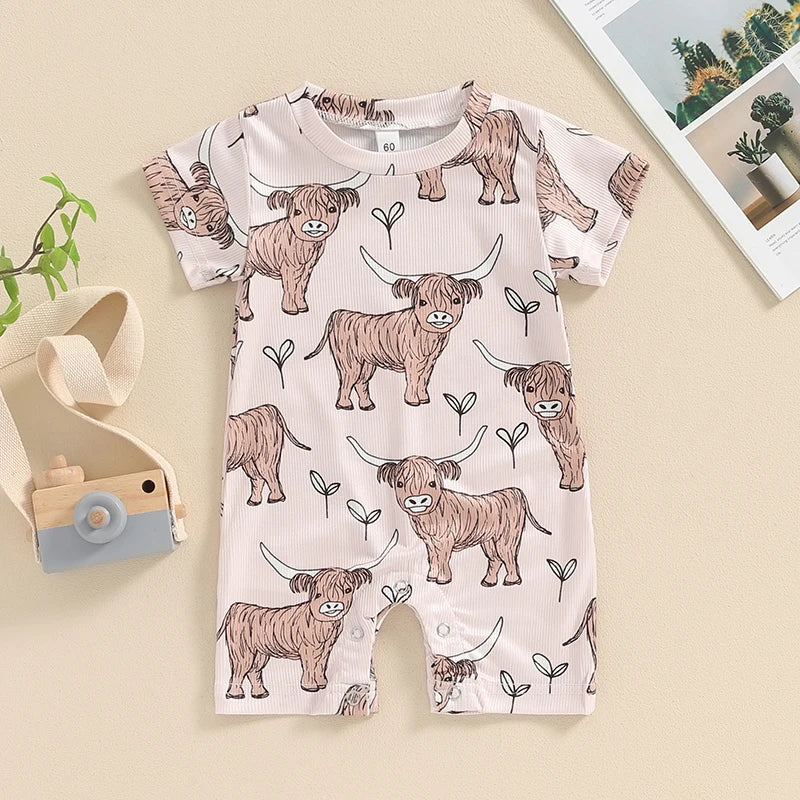 Short Sleeve Crew Neck Cow Head Print Romper