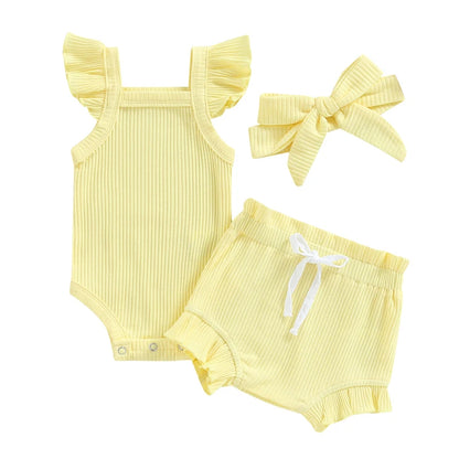 Girls 3Pcs Summer short sleeve top and ruffled shorts