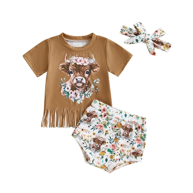 Girl Western Outfit Cow/Boot Short Sleeve Tassel T-shirt Elastic Waist Shorts Tie-up Headband Set
