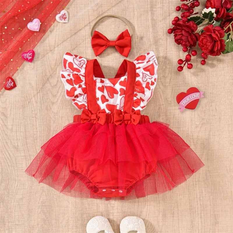 Valentine’s Day Outfits Ruffle Sleeveless Heart Print Romper Dress with Headband Set
