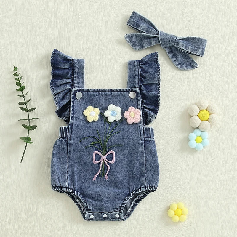 Girl Summer Outfits Ruffle Sleeveless Square Neck Denim Romper with Headband Set