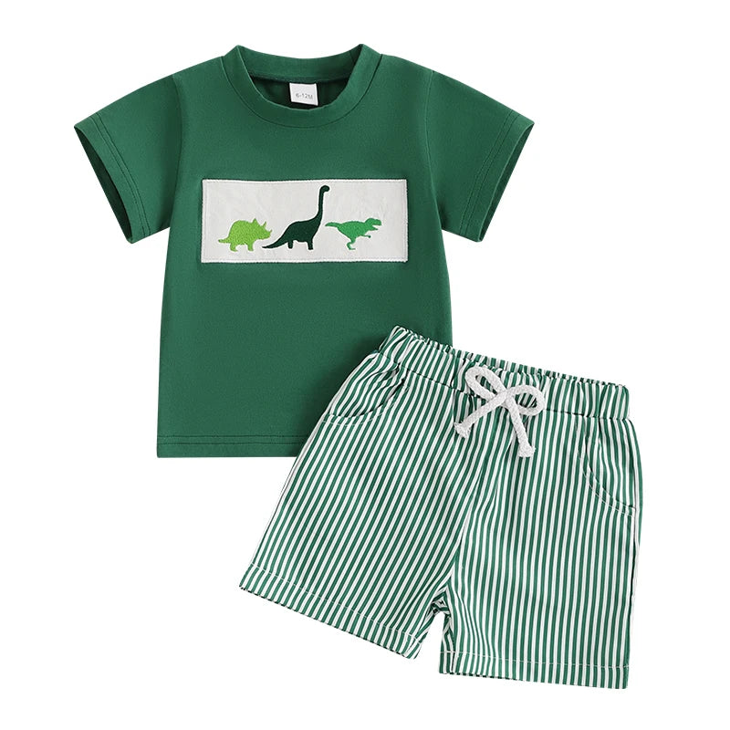 Whale/Dinosaur/Turtle Short Sleeve T-shirts  and Striped Elastic Waist Shorts