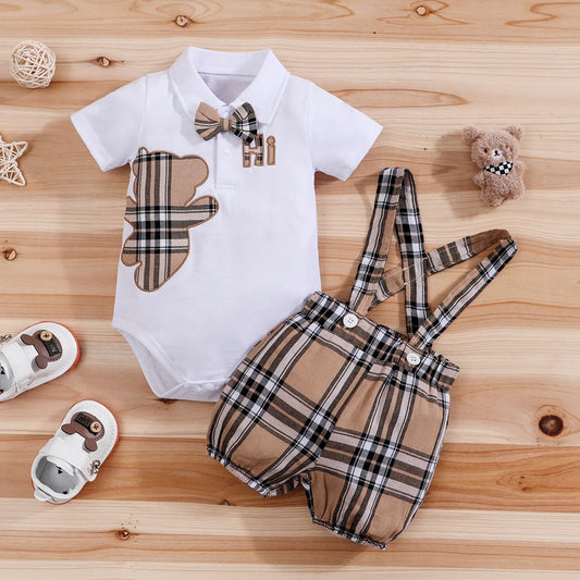 Short Sleeve Plaid Bear Bodysuit+Suspenders Trousers Set