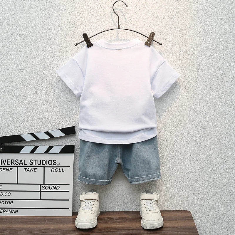 Cartoon Sports T-Shirt + Ripped Denim Shorts Sets