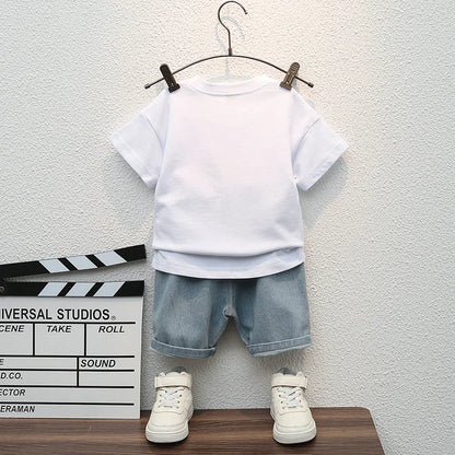 Cartoon Sports T-Shirt + Ripped Denim Shorts Sets