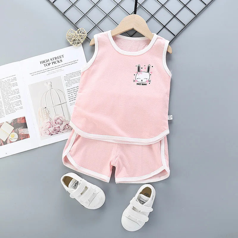 Summer Toddler Boy Girl Clothes Baby Boys Cotton Vest+Shorts 2 Pcs Sets Kids Clothes Boys Girls Cartoon Vest Sleeveless T Shirts
