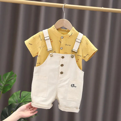 Printed Smile Short Sleeve T-Shirts Rompers Overalls 2Pcs