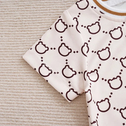Cute Cartoon Teddy Bear Summer Apricot Short Sleeved Jumpsuit