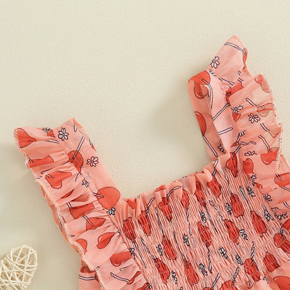 Heart Print Ruched Sleeveless Sundress Toddler Girl Casual Dress