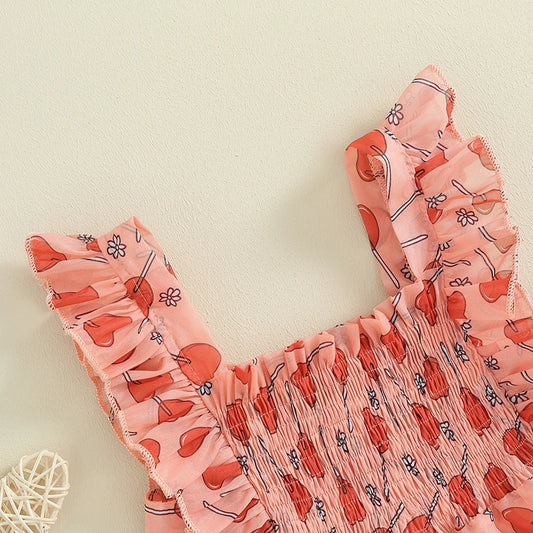 Heart Print Ruched Sleeveless Sundress Toddler Girl Casual Dress