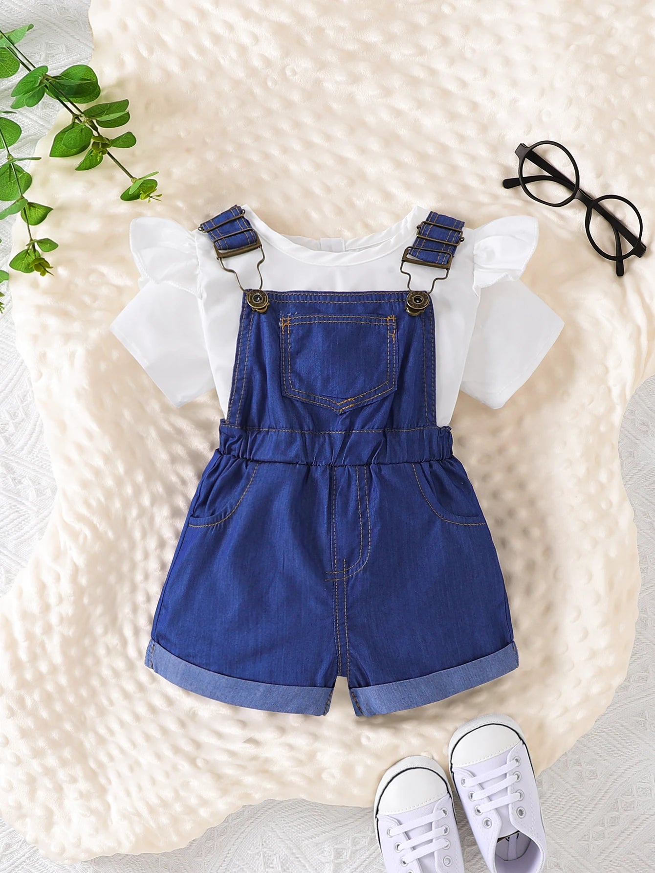 1-3 year old summer baby boy and girl casual solid color sleeveless top+versatile denim shoulder strap shorts set