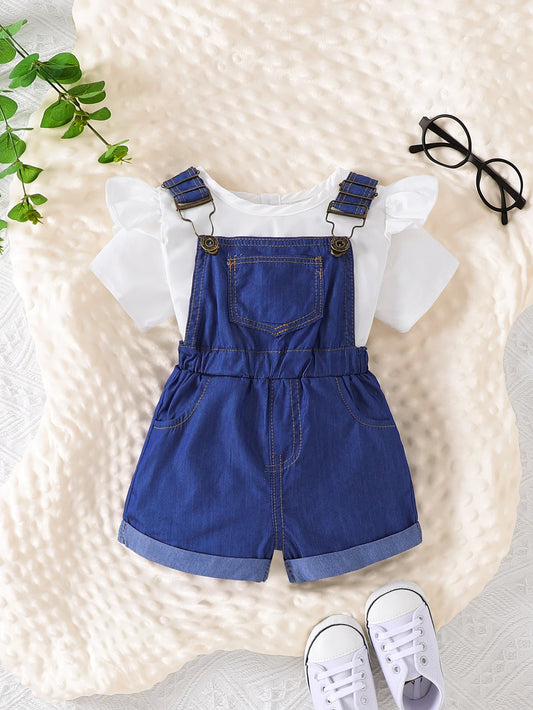 1-3 year old summer baby boy and girl casual solid color sleeveless top+versatile denim shoulder strap shorts set