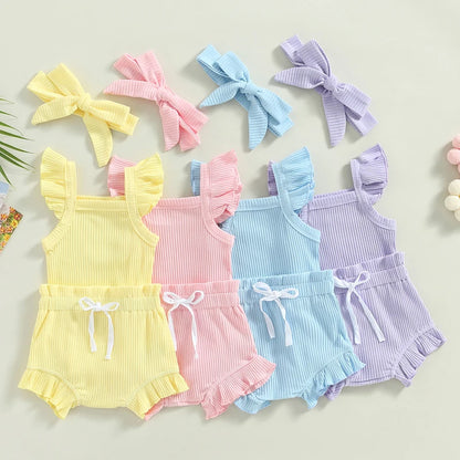 Girls 3Pcs Summer short sleeve top and ruffled shorts