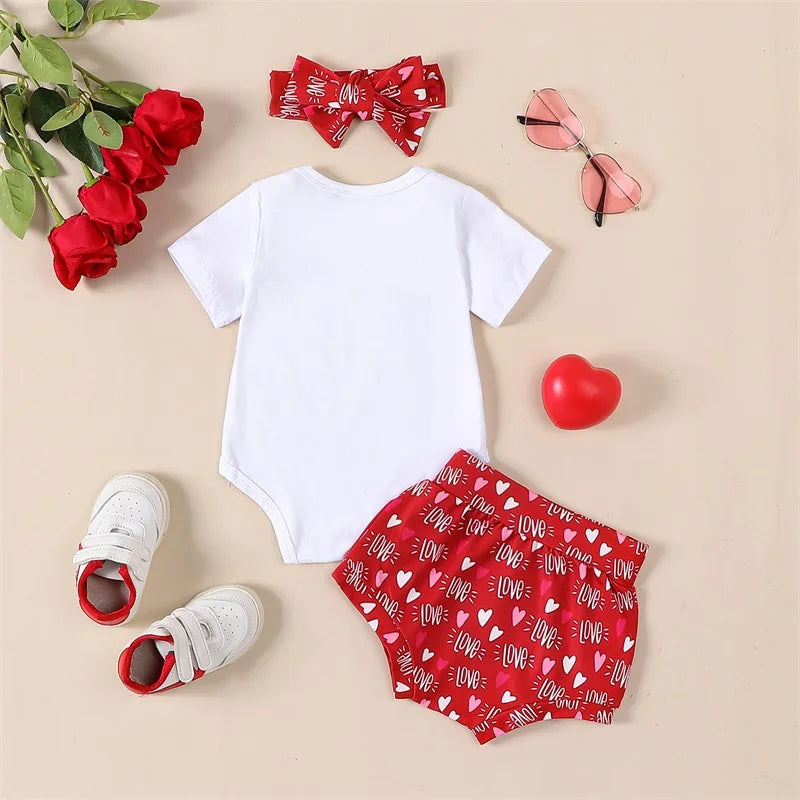 "All You Need Is Love" Short Sleeve Romper Shorts Set Headband Summer Clothes