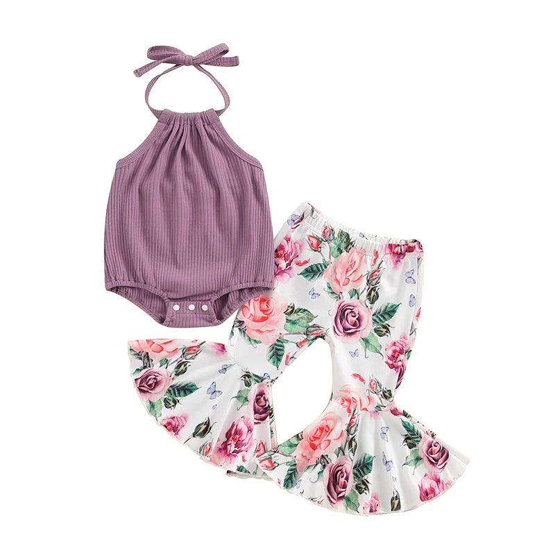 Girl Summer Outfits Tie-Up Halter Neck Sleeveless Rompers Flower Print Flared Pants 2Pcs